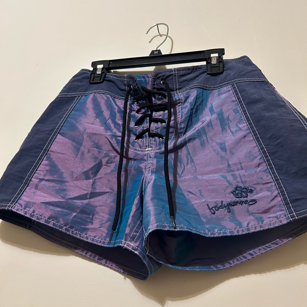VTG Body Glove Women's Board Swim Shorts Sz 7 Purple Blue Iridescent Lace Up - Picture 2 of 6